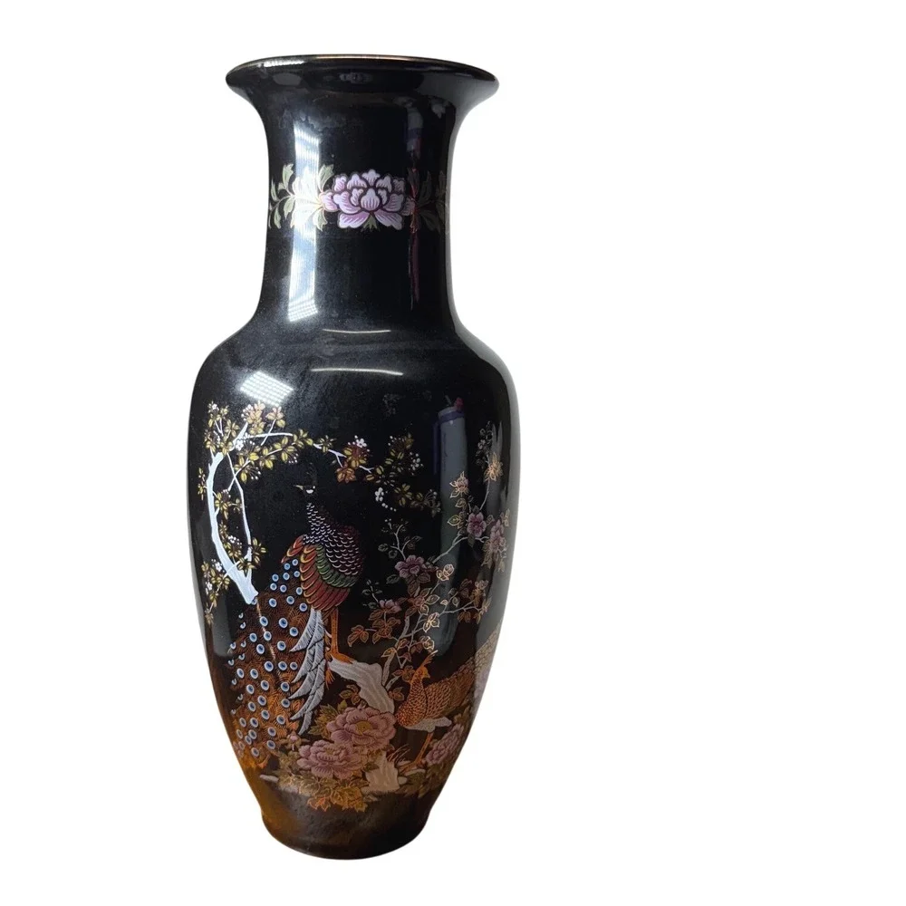 Vintage Japanese Black Porcelain Peacock Vase Ginger Jar Tea Cup Set 7pc Japan